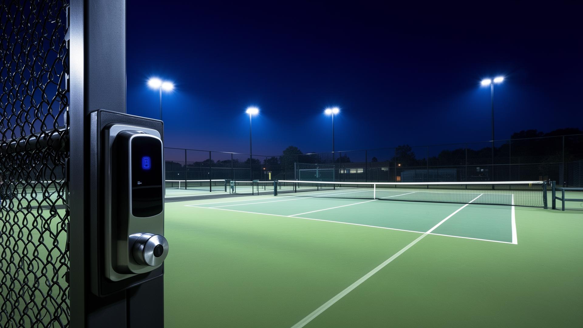 Tennis court at night with smart lock